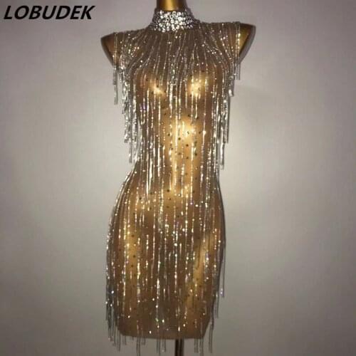Sexy Nude Mesh See Through Rhinestones Chain Mini Dress Women Sleeveless Diamond Tassel Bodycon Wrap Hips Clubwear Party Outfit