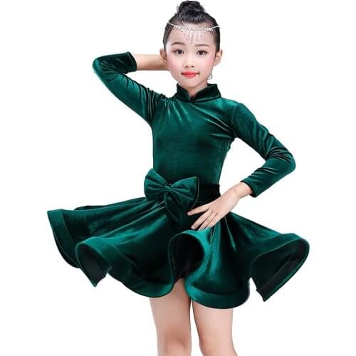 New Gold velvet Spandex Long Sleeve Latin Dance Dress Girls Children Kids Bowknot Waist Ballroom Samba Tango Dress