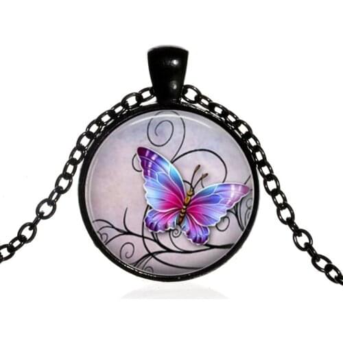 Romantic Elegant Colorful Butterfly Round Glass Pendent Necklace for Women Men Girls Kids Neck Collar Jewelry Gift Wholesale
