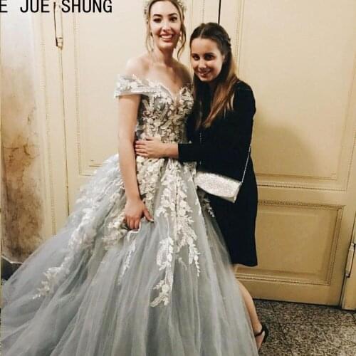 E JUE SHUNG Romantic Gray Wedding Dresses Off the Shoulder Floral Appliques Lace Up Back Sexy Tulle Bridal Gowns robe de mariee