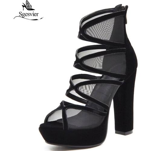 Sgesvier 2019 Women Sandals Flock +Mesh Net Peep Toe High Thick Heel Summer Sweet Style Fashion Shoes Woman Size 33-43 G320