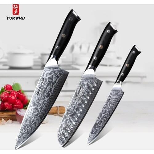 TURWHO 3 Pcs Pro Damascus Knife Set 67 Layers Japanese Damascus Steel Razor Sharp Chef Santoku Utility Kitchen Knife G10 Handle