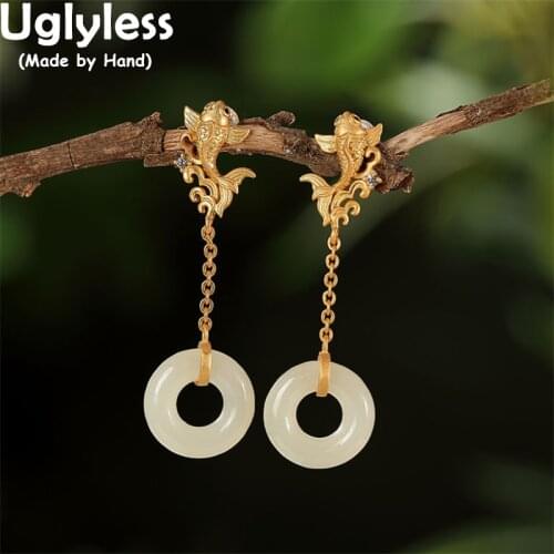 Uglyless Oriental Charming Handmade Gold Fishes Earrings for Women Peace Button Jade Earrings 925 Silver Animal Brincos Goldfish