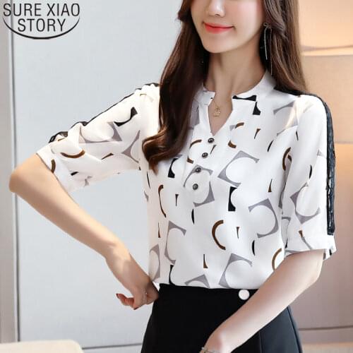 2021 Summer Short Sleeve Blouses Women Office Lady OL Geometric Print Shirts Chiffon Blouse Ladies Tops V-Neck Blusas 10678