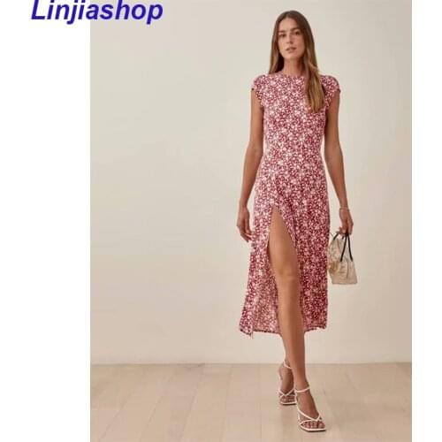Woman Dress 2021 Short Sleeve Vintage Floral Print Dress Women Summer Cut Out Back Sexy Side Slit Elegant Midi Dress Vestidos