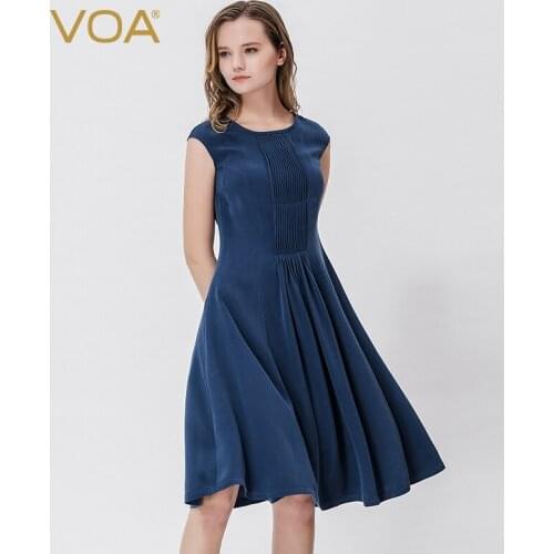 VOA Heavyweight Silk Dress Round Neck Bag Sleeve Solid Tuck Line Pleated Splicing Elegant Slim Princess A10296 Woman Dress