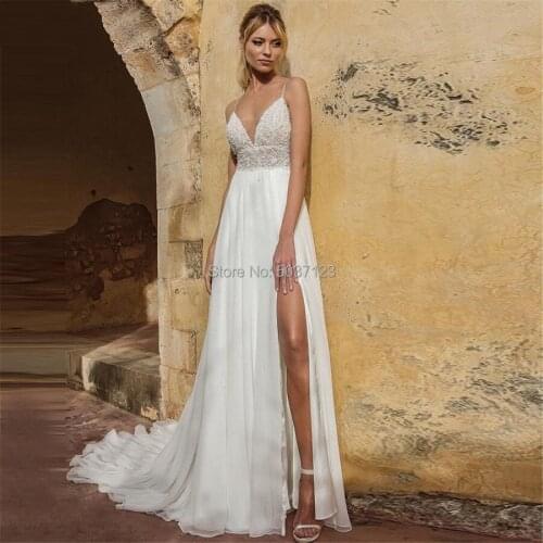Beach Wedding Dresses A Line Deep V Neck Chiffon Spaghetti Straps High Split Bridal Wedding Gowns White Ivory vestido de noiva
