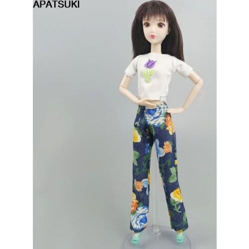 White Shirt Crop Tops & Floral Jeans Pants Trousers For Barbie Doll Clothes Set Outfits For 1/6 BJD Dollhouse Children DIY Toys