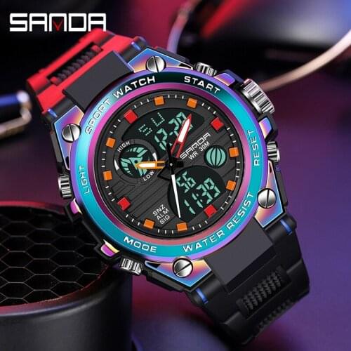 SANDA Luxury Colorful Dual Display Quartz Watch Waterproof Sports Luminous Chronograph Multi-function Mens Watch Мужские часы