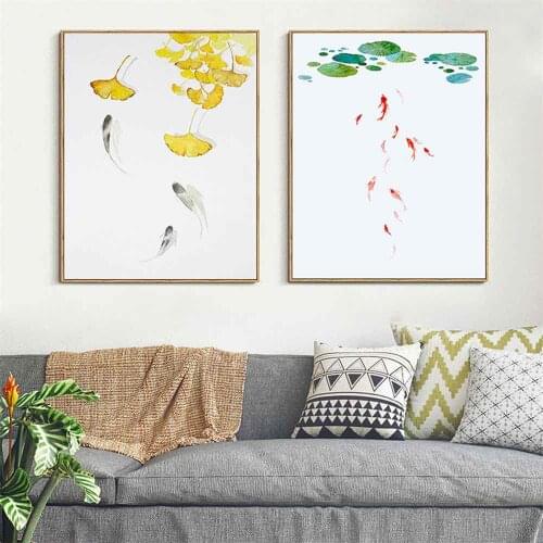 HAOCHU Goldfish Canvas Lotus Leaf Painting For Living Room Home Decor Painting Wall Art Print Poster Simple Nordic Wall Picture