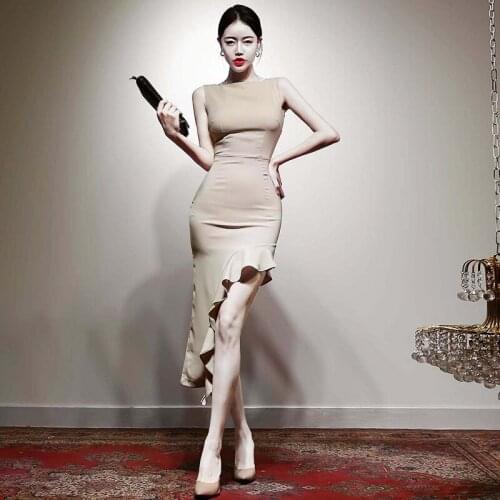 Fashion Irregular Ruffles Sexy Long Maxi Office Dress Women Blue Satinm Sleeveless Bodycon Dress Elegant Split Party Dress 2020