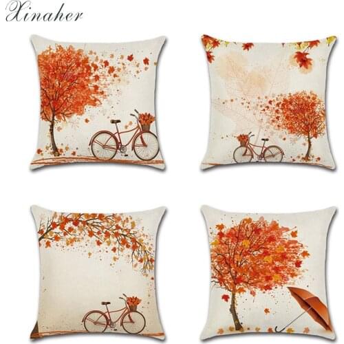 Happy Autumn Tree Maple Leaf Bicycle Pillow Cover 45*45cm Retro Orange Tree Pattern cushion cases Linen pillowslip ornament