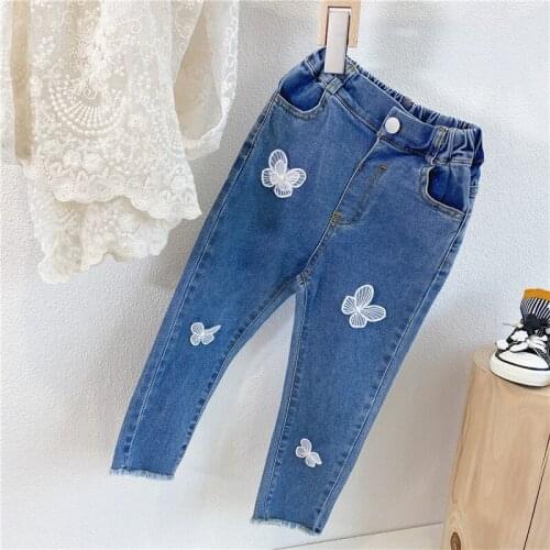New Baby Girls Butterfly Jeans 2021 New Spring Autumn Korean Style Slim Denim Trousers Children Casual Jean Pants