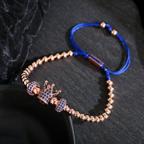 Luxury Blue Crown CZ Zircon Pave Weaving Bracelet Homme Pulsera Hombre Men Women Copper Beads Bracelet
