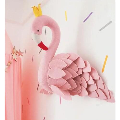 Handmade Pink Crown Swan Wall Decor Stuffed Doll Toys 3D Animal Head Toy Wall Hanging Flamingo Decoration Baby Room Wall Artwork