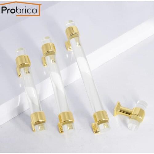 Probrico Kitchen Cabinet Handles Transparent crystal Drawer Door Knobs Gold Closet Wardrobe Cupboard Pull for Furniture Hardware