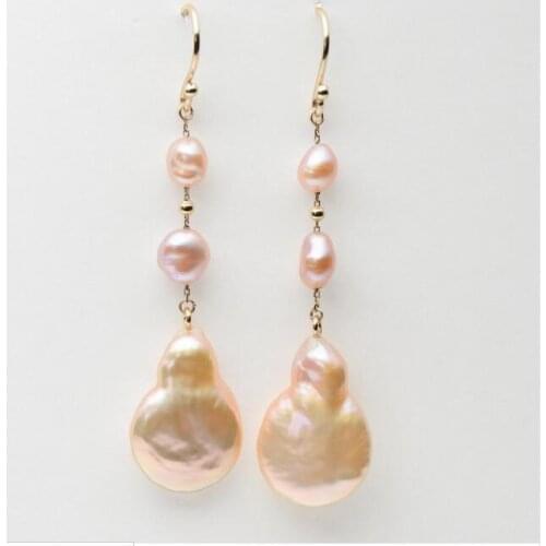 14.1-21mm Orange Pink Real Freshwater Pearl Drop Earrings 9k Solid Yellow Gold