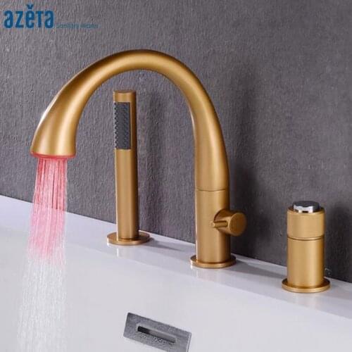Azeta Brushed Gold Bathtub Faucet LED 3 Color Change Bathroom 3 Hole Deck Mounted Bath Tub Mixer Tap With Hand Shower AT3712BG