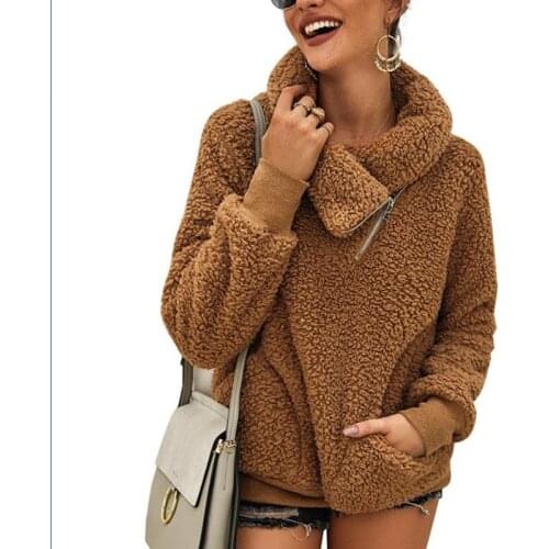 Autumn Winter Sweatshirt Turtleneck Solid color Thick coat faux fur hoodies female zipper causal plush pullovers tops