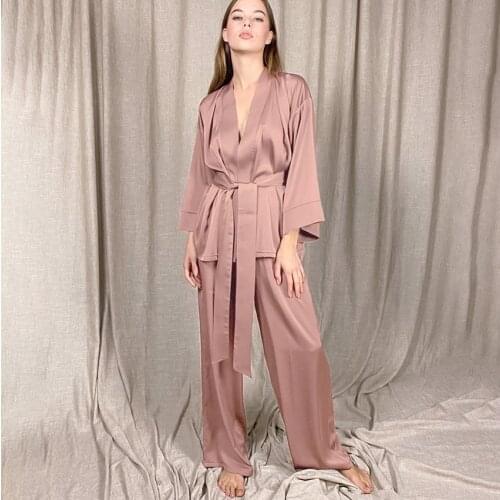 Spring satin long-sleeved cardigan lace-up nightgown suit women European and American simple loose trousers nightgown suit 2021