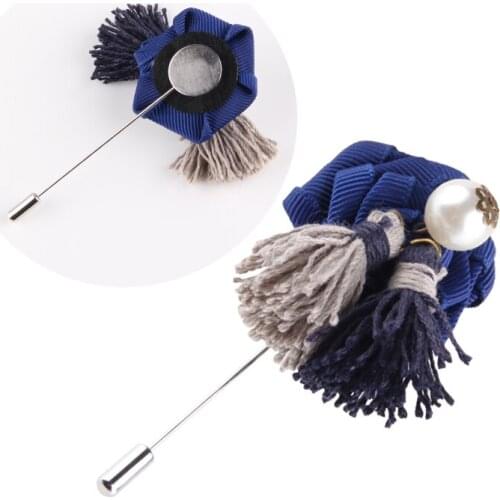 Vintage Women Handmade Ribbon Rose Imitation Pearl Big Thread Tassel Brooches Lapel Long Needle Pins Party Wedding jewelry Gift