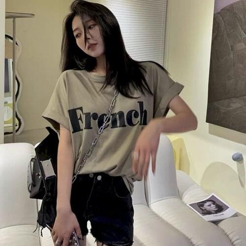 Womens T-shirt Letter Printing Loose Fashion All-match Korean Mid-length Flying Sleeve Short-sleeved T-shirt Womens Trend Summer