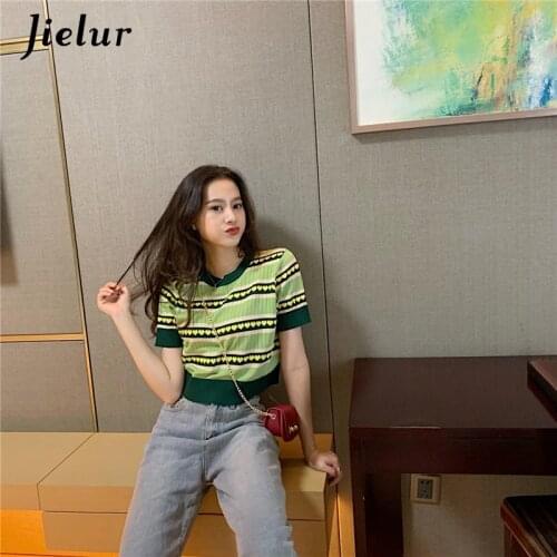 Jielur Sweater Women 2021 New Summer Sweaters O-neck Print Chic Loose Basic Short Jumper Slim Green Pull Femme Pullover