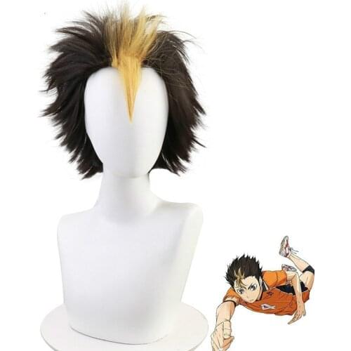 Anime Haikyuu!! Nishinoya Yuu Short Black And Blonde Heat Resistant Hair Cosplay Costume Wigs + Free Wig Cap