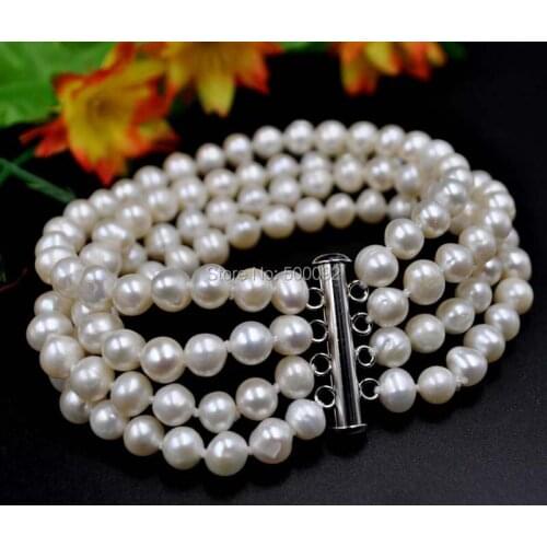 7.5" 4strands 6-7mm white freshwater pearl bracelet free shipping