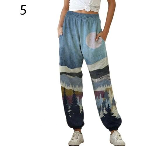 Women Pants Fashion High Waist Landscape Print Loose Pants Sports Trousers with Pocket autumn high-waisted solid color pant