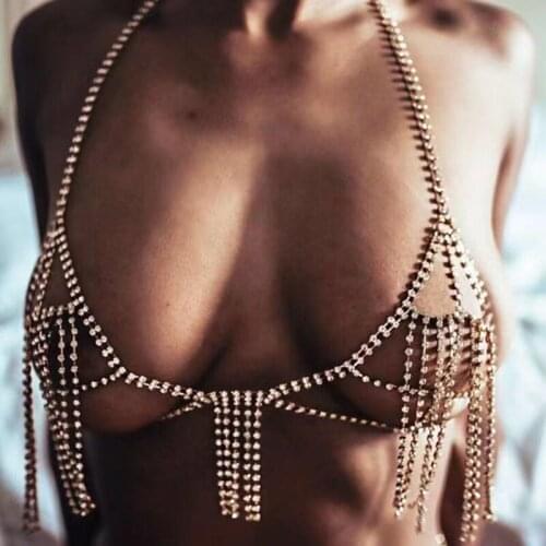 Hot Selling Sexy Tassel Crystal Body Harness Bra for Women Bling Rhinestone Body Chain Underwear Jewelry Bra Bikini Lingerie