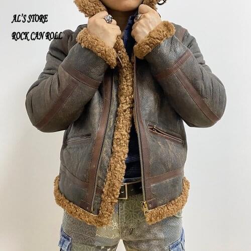 CDB3-6 European US Size High Quality Super Warm Genuine Sheep Leather Coat Mens Big B3 Shearling Bomber Merino Fur Jacket