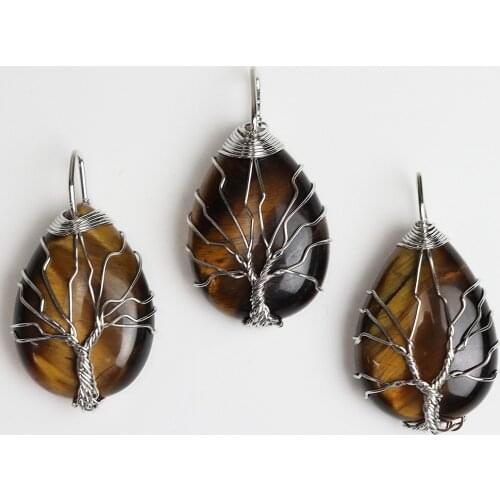 Teardrop Tiger Eye Stone Crystal Wire Wrap Handmade Tree of Life Drop Shape Natural Pendants