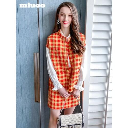 Contrast retro Plaid single breasted vest+High waist A Half skirt suit High Quality Top Quality