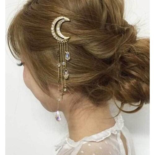 Meyfflin 2021 Charming Fashion Moon Crystal HairPins Hair Clips for Women Girls Long Tassels Hair Accessories Jewelry Bijoux