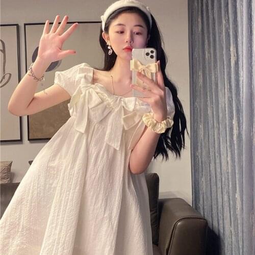 Fashion Women Dress Bow White Short Sleeve Korean Style Women Clothing Streetwear Party Casaul Vestidos Vetement Femme WPY3343