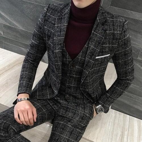 2020 New Winter Mens Suit British Style Single Breasted Blazer Coat Straight Pants 3 Piece Set Slim Fit Plaid Wedding Party Suit