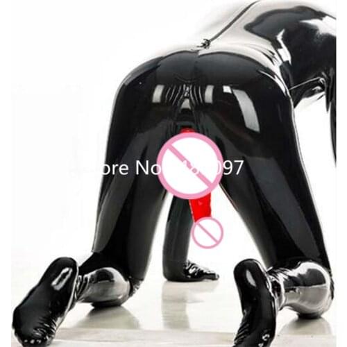 Men Latex Catsuit Rubber Bodysuits with Hoods Mask and Gloves Socks Mouth Gags and Condom Fetish Back Zip Sexy Cosplay Costume
