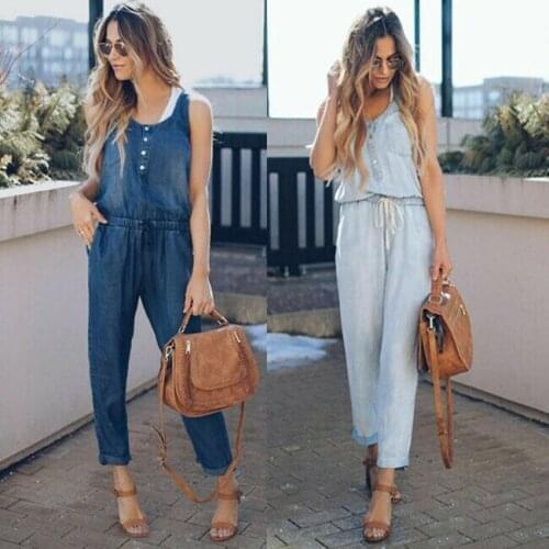 Brand New Women Summer Solid Sleeveless Denim Jumpsuit Long Trousers Clubwear Rompers Trousers Overalls Navy Blue