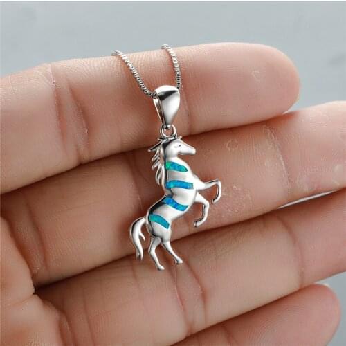 White Blue Opal Stone Necklace Dainty Animal Small Horse Pendant Necklace Vintage Silver Color Chain Wedding Necklaces For Women