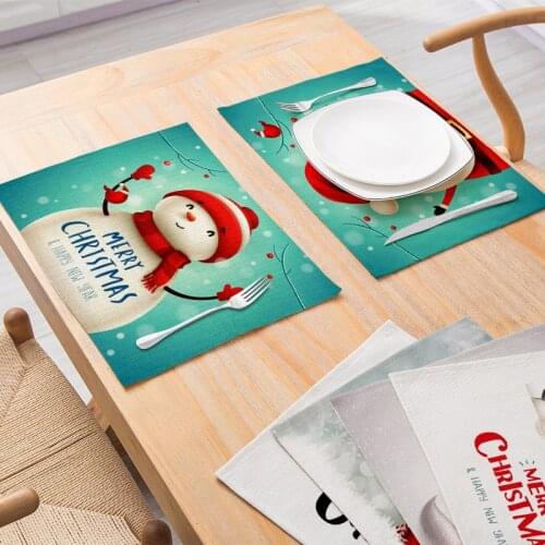 Christmas Snowman Print Kitchen Placemat 42*32 Linen Coaster Fabric Table Mats Napkins Simple Design Tableware Kitchen Tool