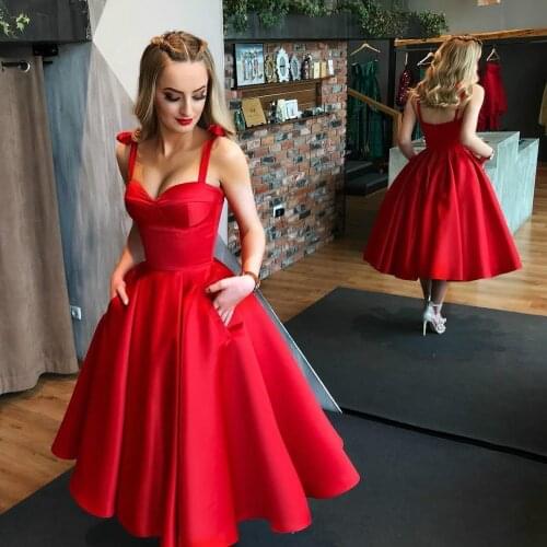 Simple Homecoming Junior High Graduation Dresses Straps Satin A-Line Tea Length Prom Dress Cocktail Party Club Vestidos Cortos