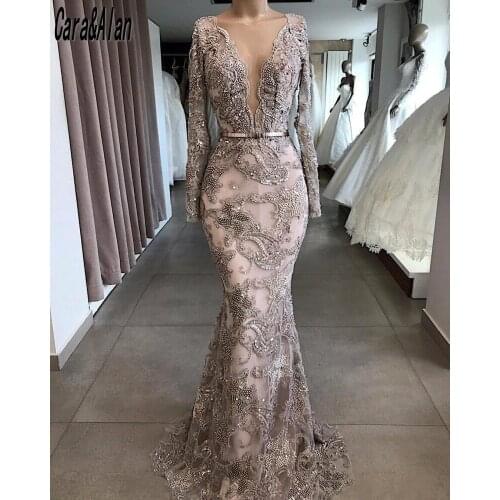 Luxury Beaded Mermaid Evening Dresses Long Sleeves Sheer Neck Lace Applique Prom Dress for Women Formal Party Gowns