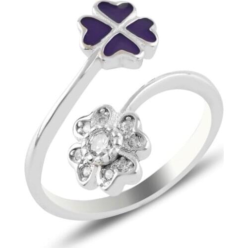 Silver 925 Sterling Flower Enamel & Zircon Cubic Zirconia Adjustable Tall Ring