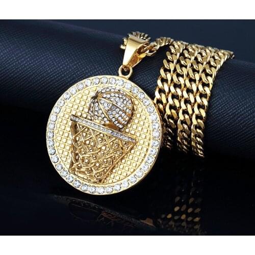 Rhinestone Round Basketball Pendant Necklace Stainless Steel Charm Necklace Men Cuban Link Chain American Star Popular Jewelry
