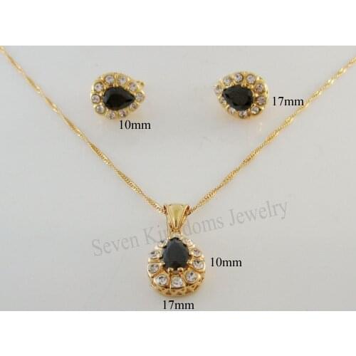 YELLOW GOLD COLOR OVERLAY BLACK ZIRCON STONE VIVID WATER DROP SHAPE PENDANT NECKLACE EARRING SET