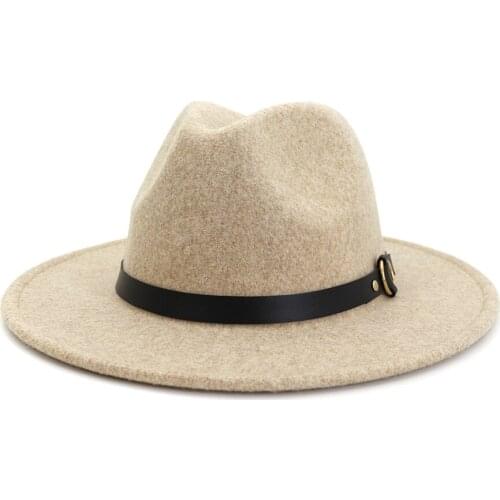 HanXi Winter Wool Fedoras Women Fashion Felt Hat Lady Classical Flat Brim Jazz Cap