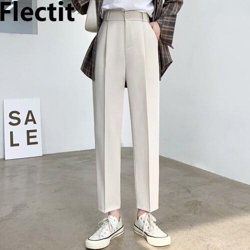 Flectit Women Beige Pants High Waist Straight Leg Ankle Length Relaxed Dress Pants Trousers Ladies Chic Outfit