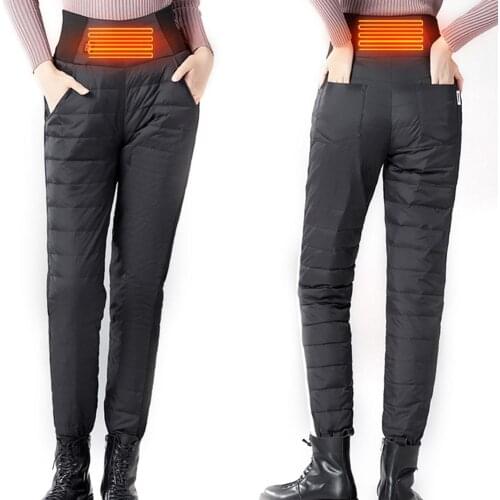M-3XL Women Smart Heating Down Pants Winter Velvet Trousers Thickening Slim Thermal Female Warm Trousers High Waist Cotton Pant