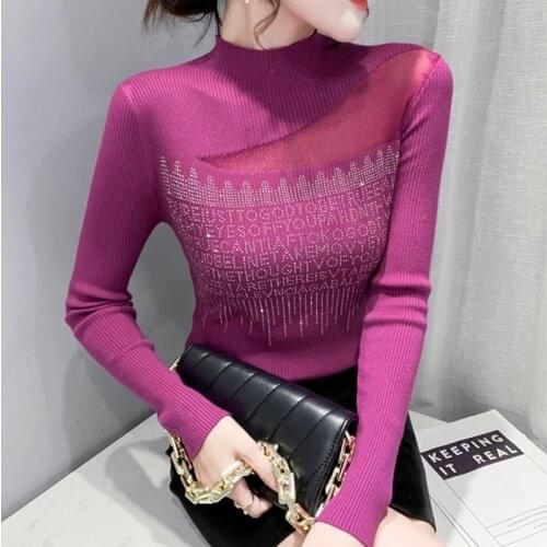Hot Drill Net Yarn Splicing Knit Sweater 2021 Spring Fashion Unlined Slim Sexy Long-Sleeved Cultivate Bright WomenS Clothing